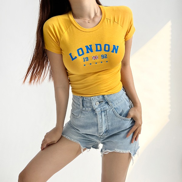 런던 레터링 슬림핏 쫀쫀 스판 반팔 크롭티셔츠 3color