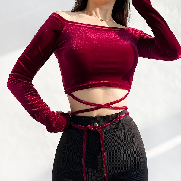 탄 벨벳 오프숄더 X 끈 섹시 무대 클럽 긴팔 크롭티셔츠 (와인/블랙)