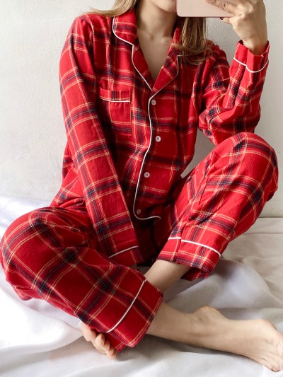 타탄체크 투피스 파자마 홈웨어 커플 잠옷세트 (레드/네이비)