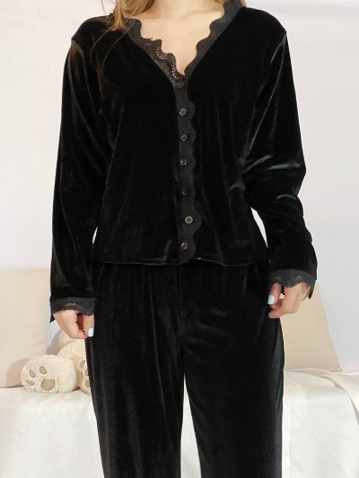 블랙 벨벳 파자마 와이드팬츠 레이스 가디건 투피스 홈웨어 잠옷세트