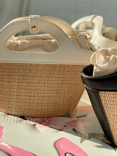 피크닉 밀짚 라탄 데일리 여름 복조리 가죽 가방 크로스 미니백 2color