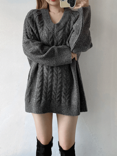 브리 여리여리한 브이넥 오버핏 꽈배기 니트 스웨터 미니원피스 3color