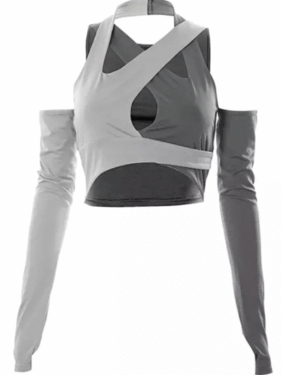 할린 워머 세트 배색 댄스 무대 섹시 트임 크롭탑 나시 민소매 티셔츠