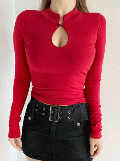 차이닌 섹시 트임 슬림핏 긴팔 유니크 티셔츠 4color