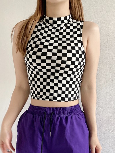 체스 체크 댄스 무대 섹시 슬림핏 크롭탑 나시 민소매 티셔츠