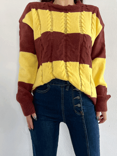 허니 단가라 스트라이프 헤짐 오버핏 니트 스웨터 3color